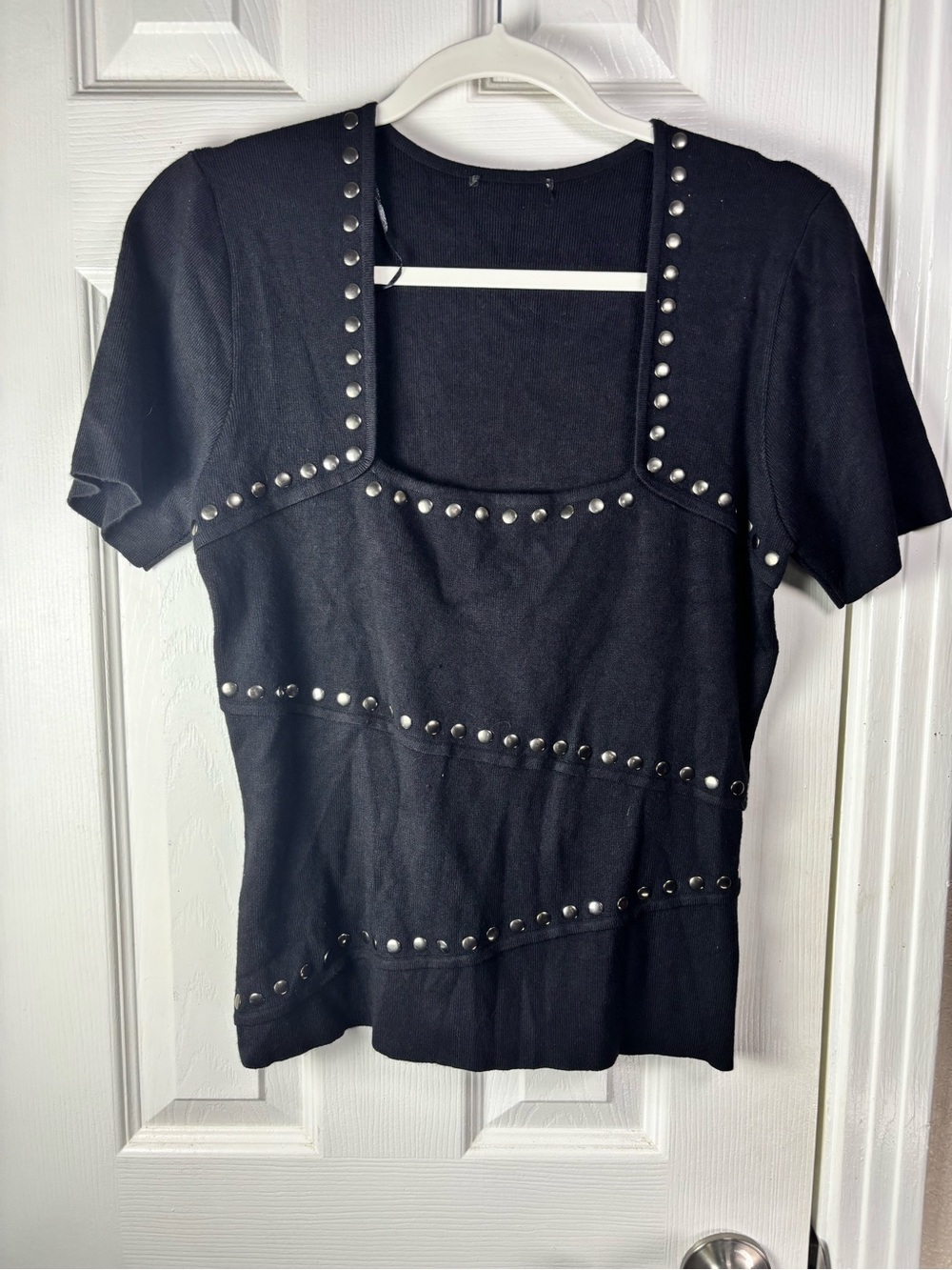 Studded Black Women's Short Sleeve Knit Top